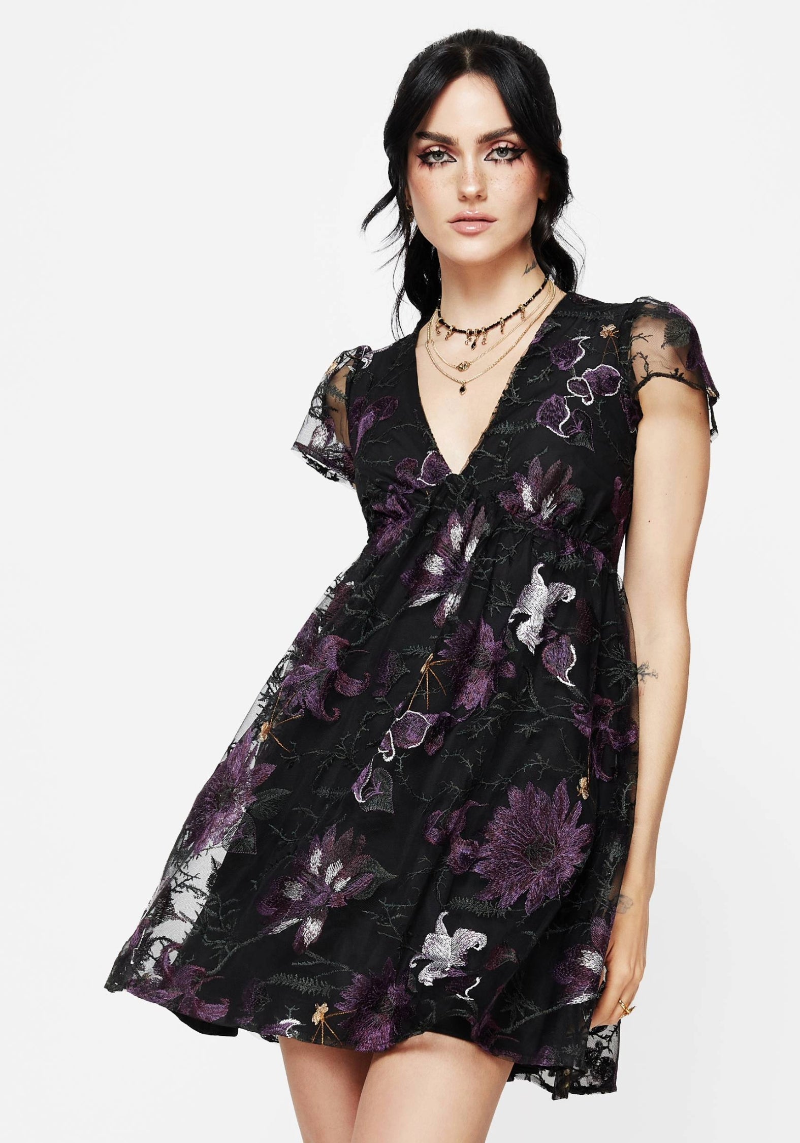 Estrid Bestickt Mesh Flöte Ärmel Mini Kleid