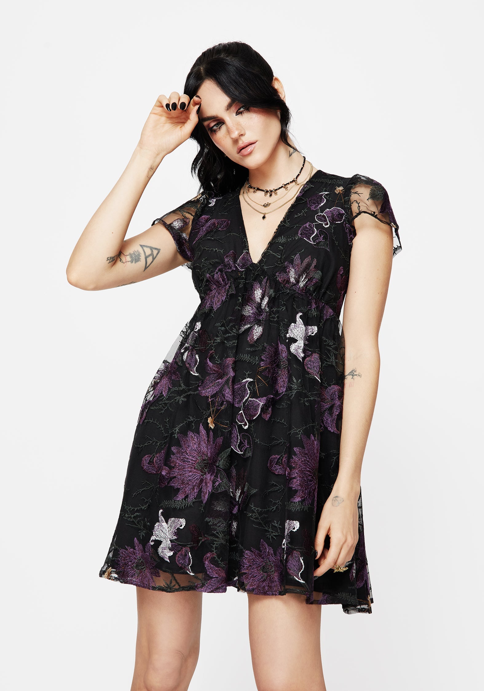 Estrid Bestickt Mesh Flöte Ärmel Mini Kleid