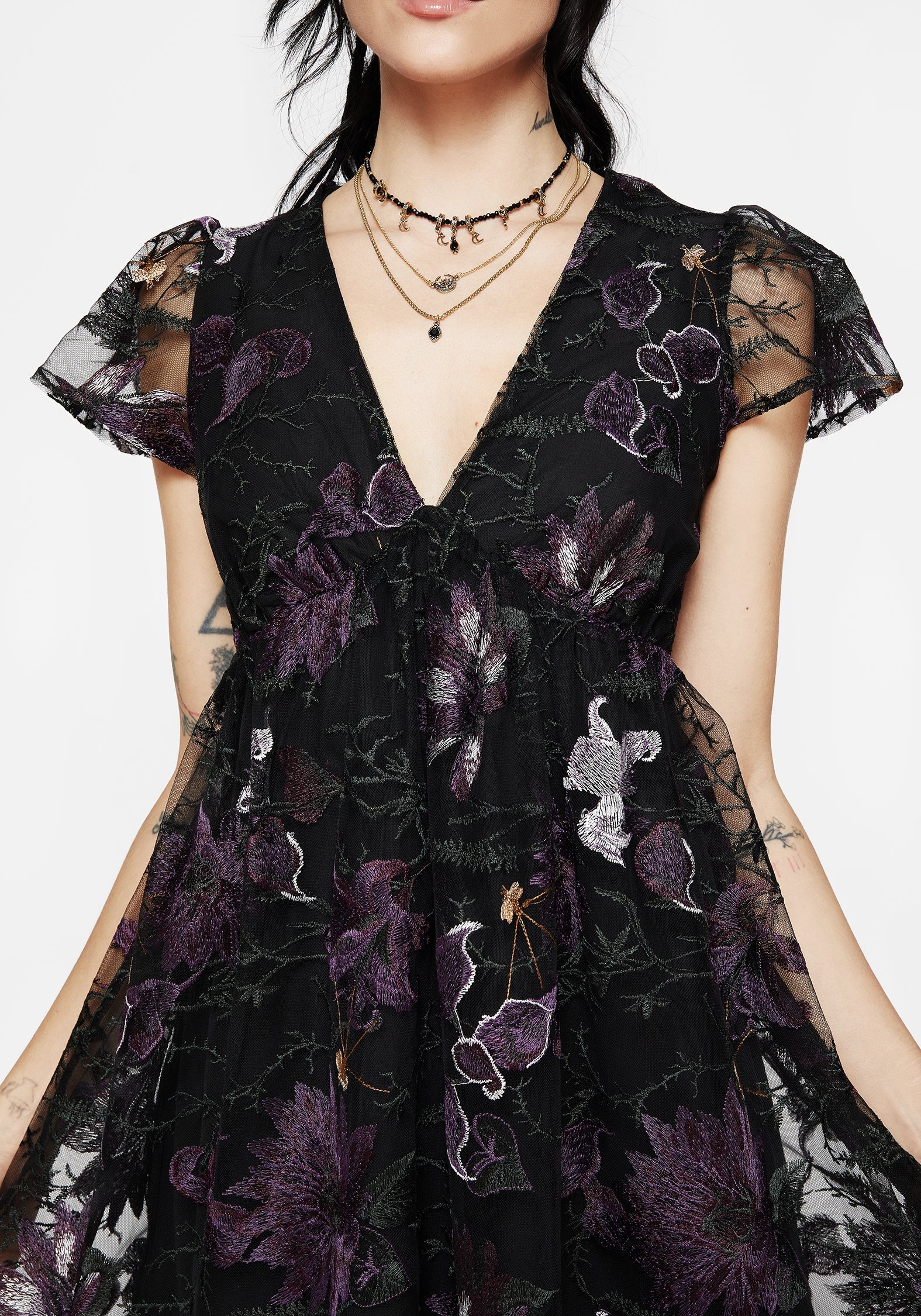 Estrid Bestickt Mesh Flöte Ärmel Mini Kleid