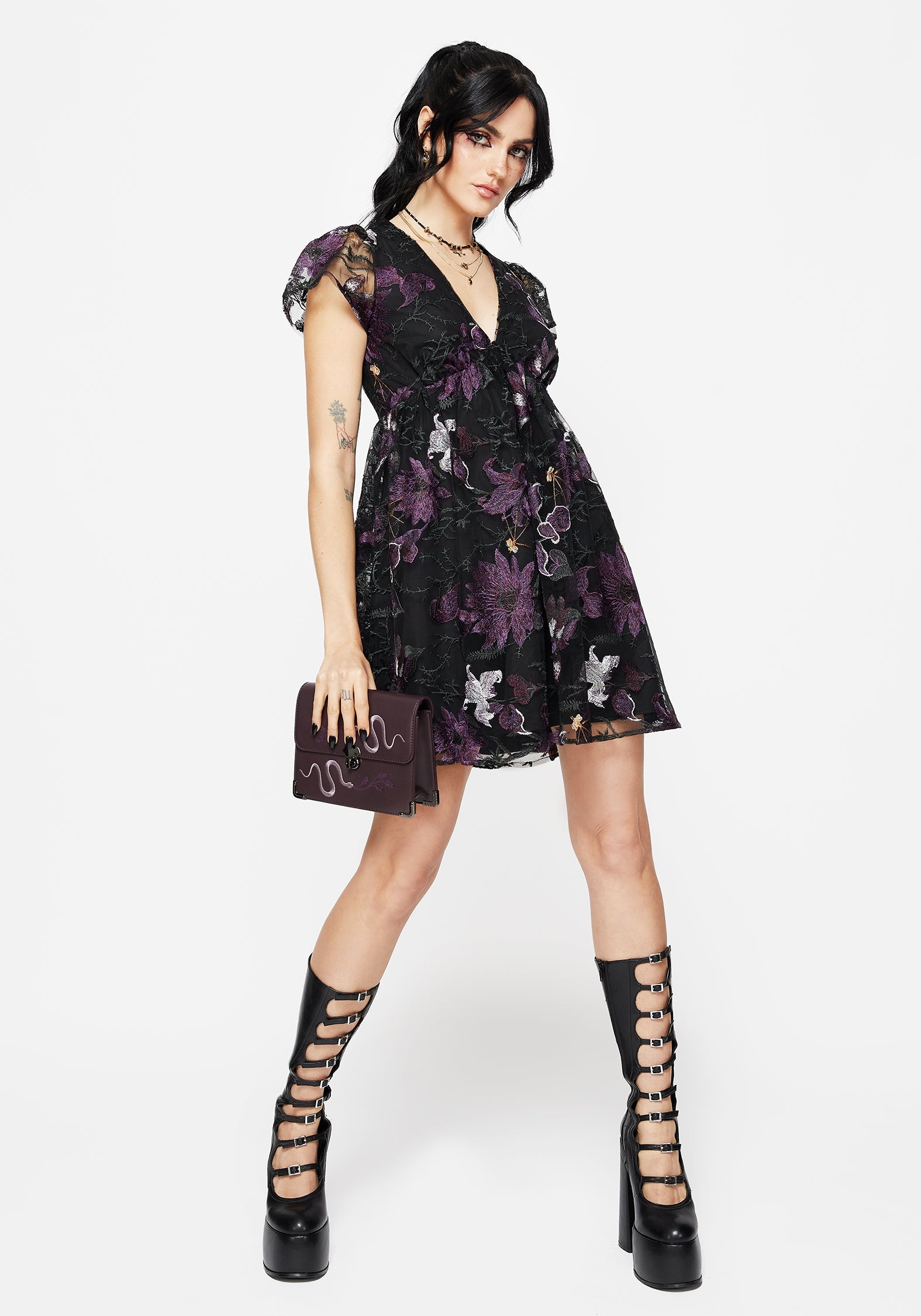 Estrid Bestickt Mesh Flöte Ärmel Mini Kleid