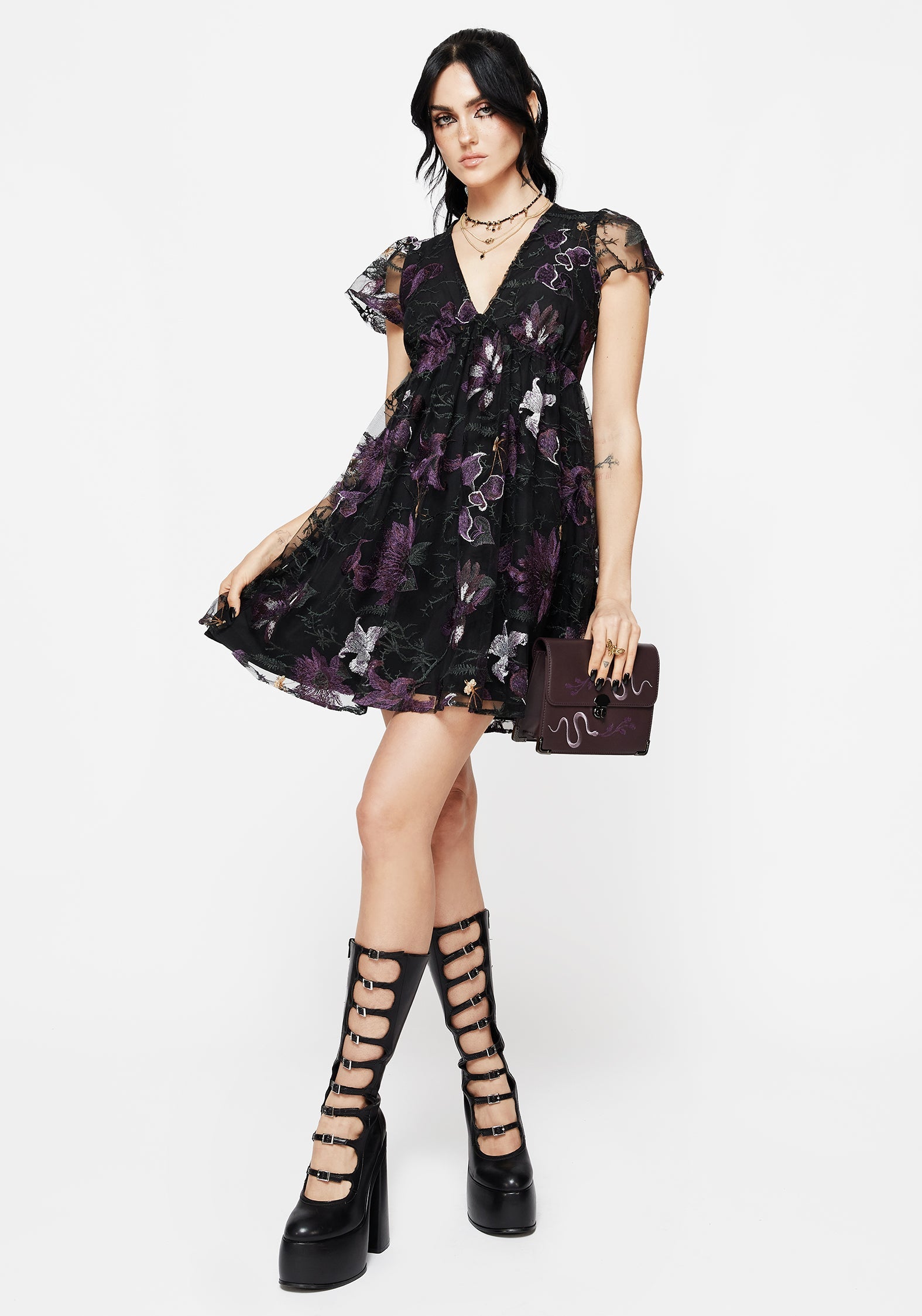 Estrid Bestickt Mesh Flöte Ärmel Mini Kleid