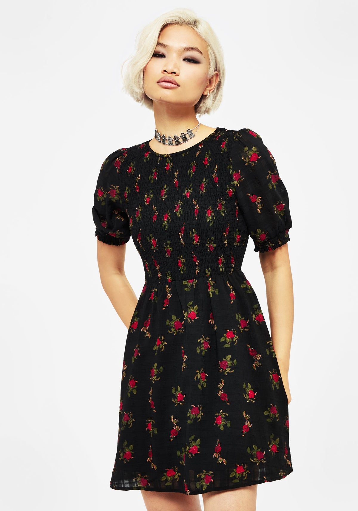 Darcey Blumenmuster Druck Knopf Hoch Mini Kleid