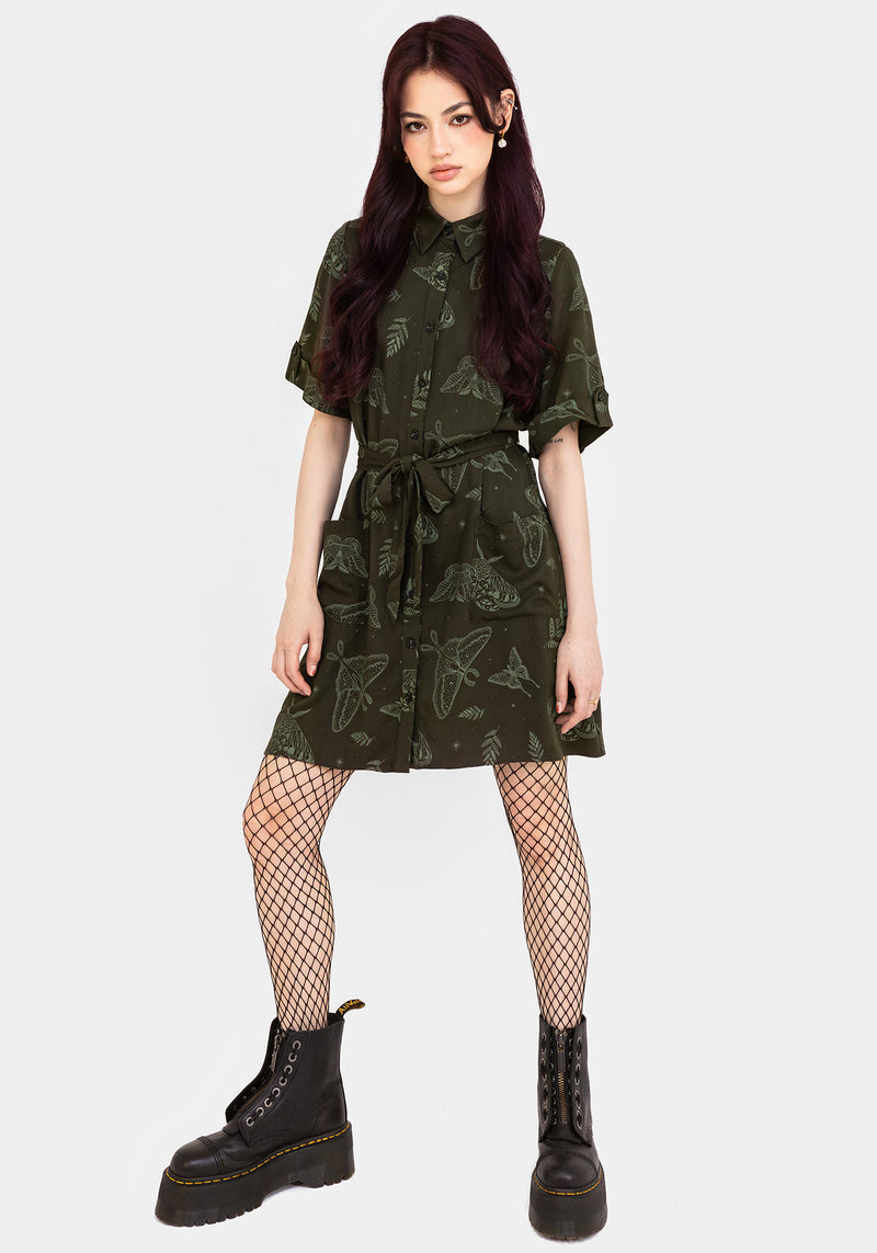 Callopistria Motte Druck Mini Hemd Kleid - Grün