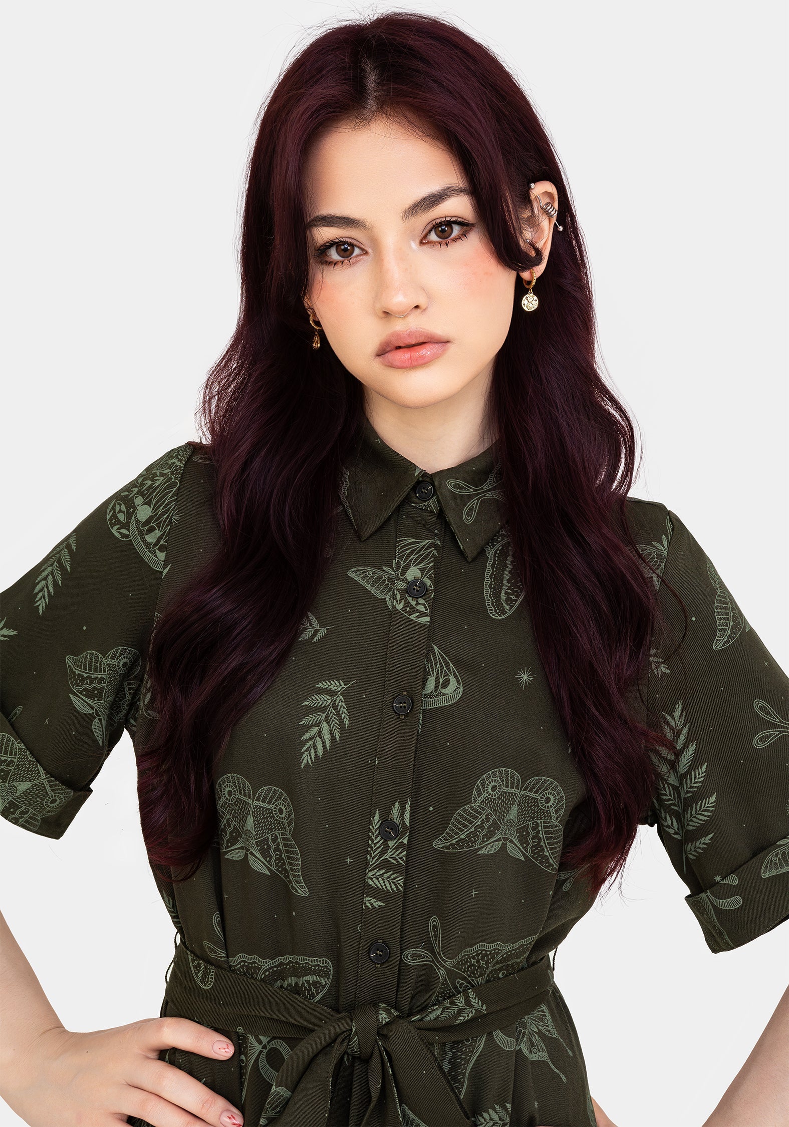 Callopistria Motte Druck Mini Hemd Kleid - Grün
