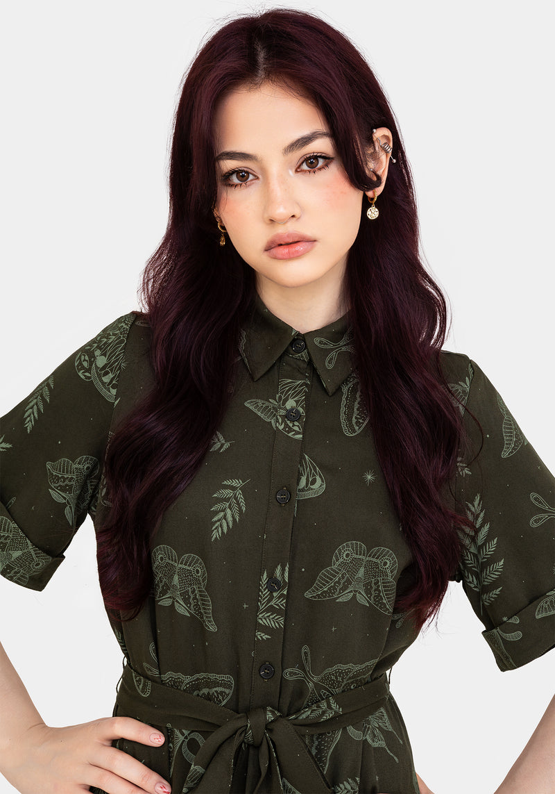 Callopistria Motte Druck Mini Hemd Kleid - Grün