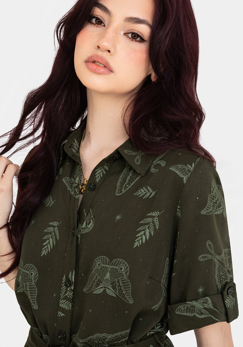 Callopistria Motte Druck Mini Hemd Kleid - Grün