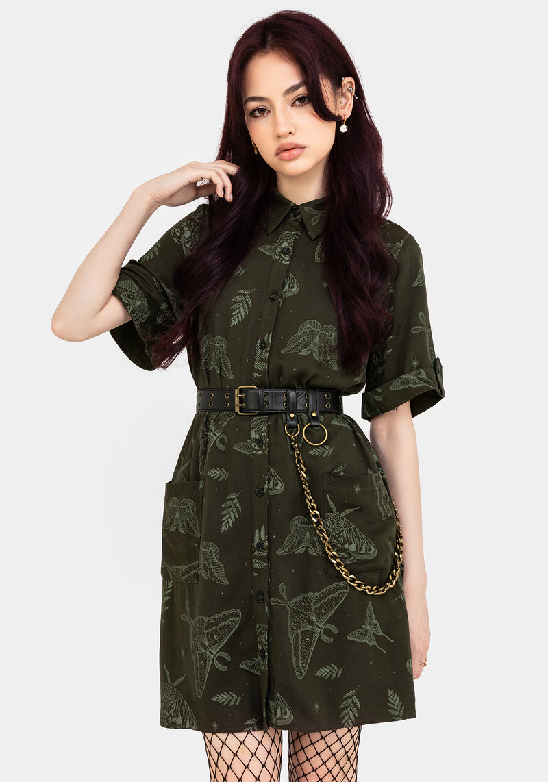 Callopistria Motte Druck Mini Hemd Kleid - Grün
