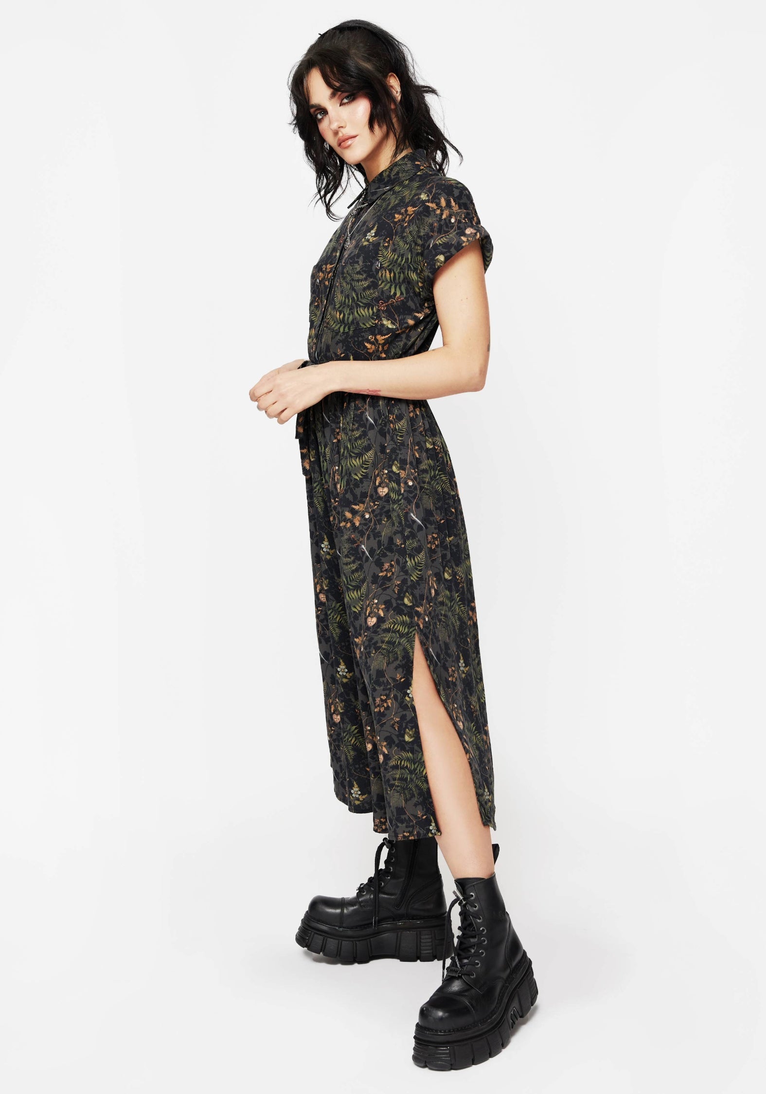 Wither Farn Druck Midi Hemd Kleid