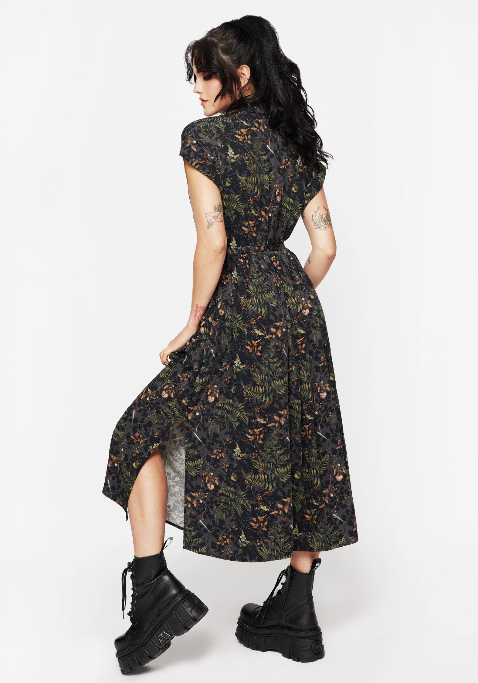 Wither Farn Druck Midi Hemd Kleid
