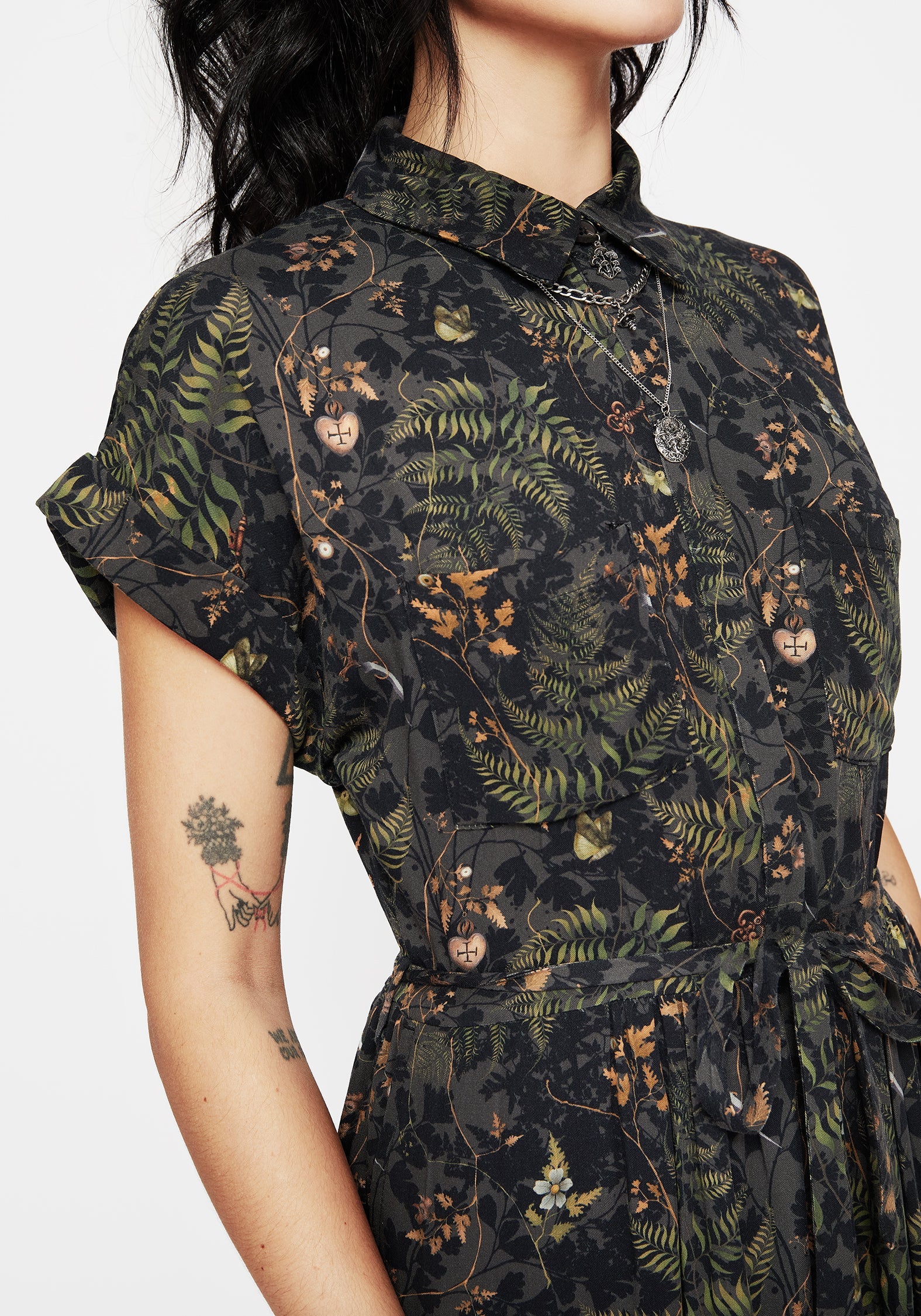 Wither Farn Druck Midi Hemd Kleid