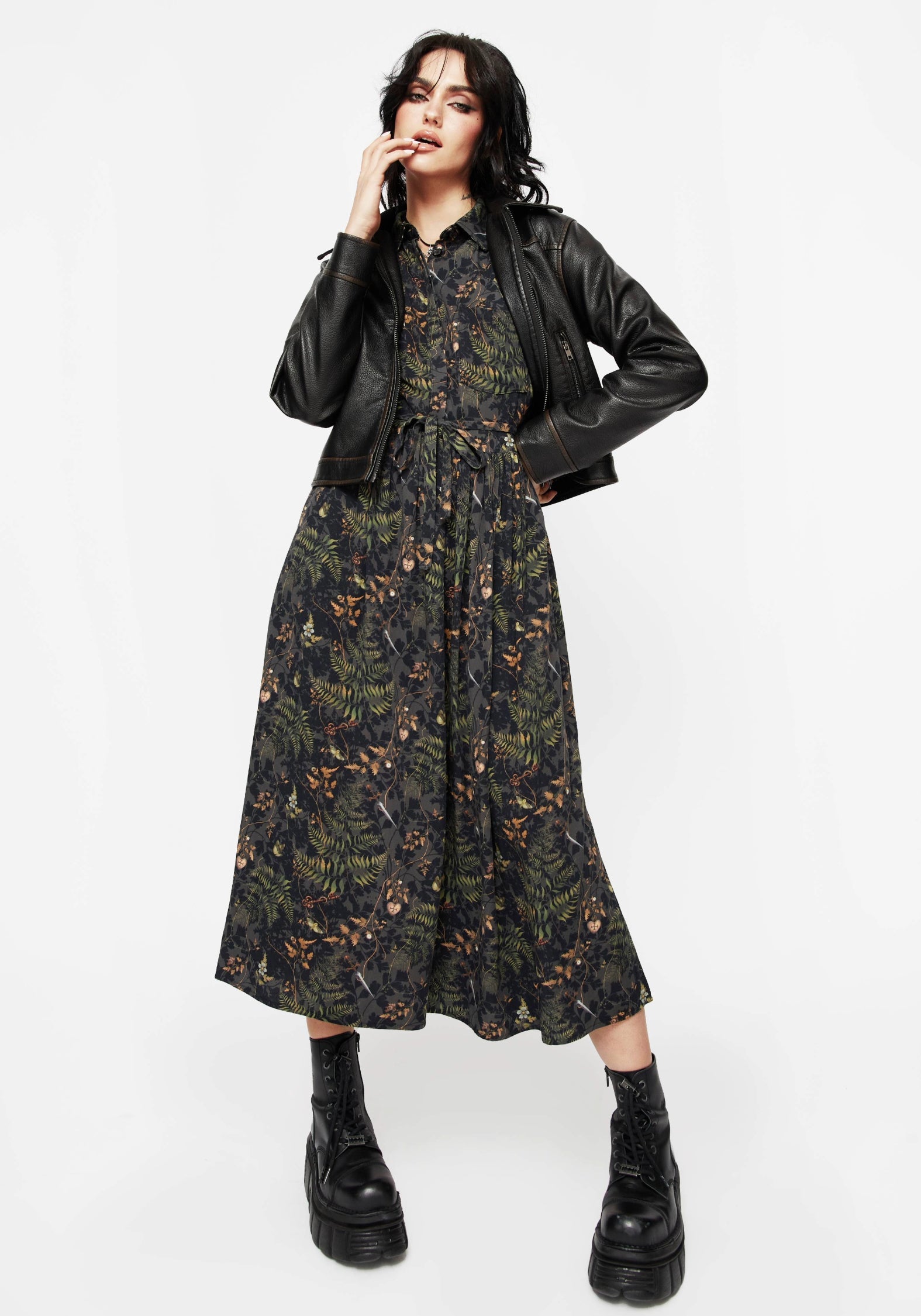 Wither Farn Druck Midi Hemd Kleid