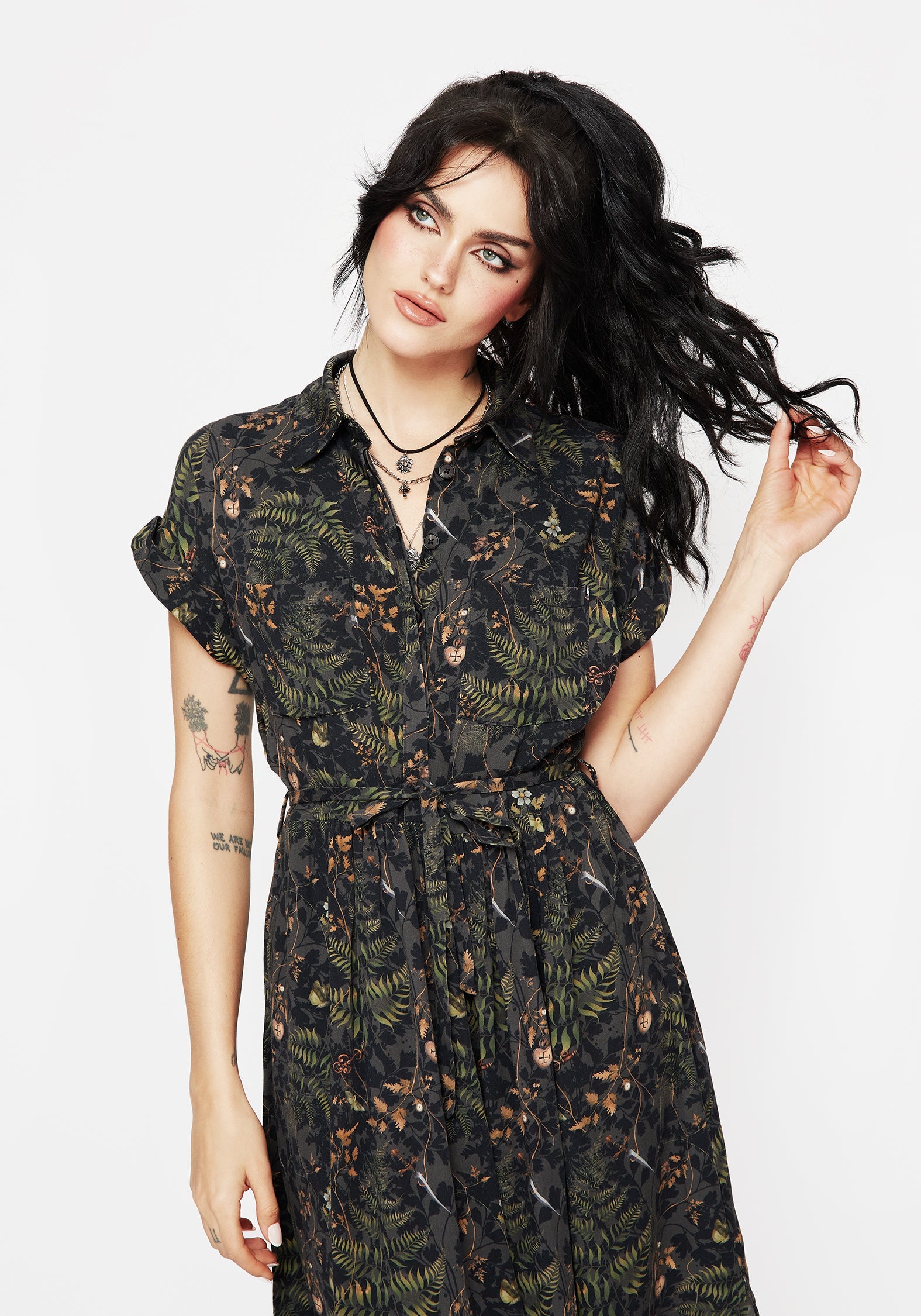 Wither Farn Druck Midi Hemd Kleid