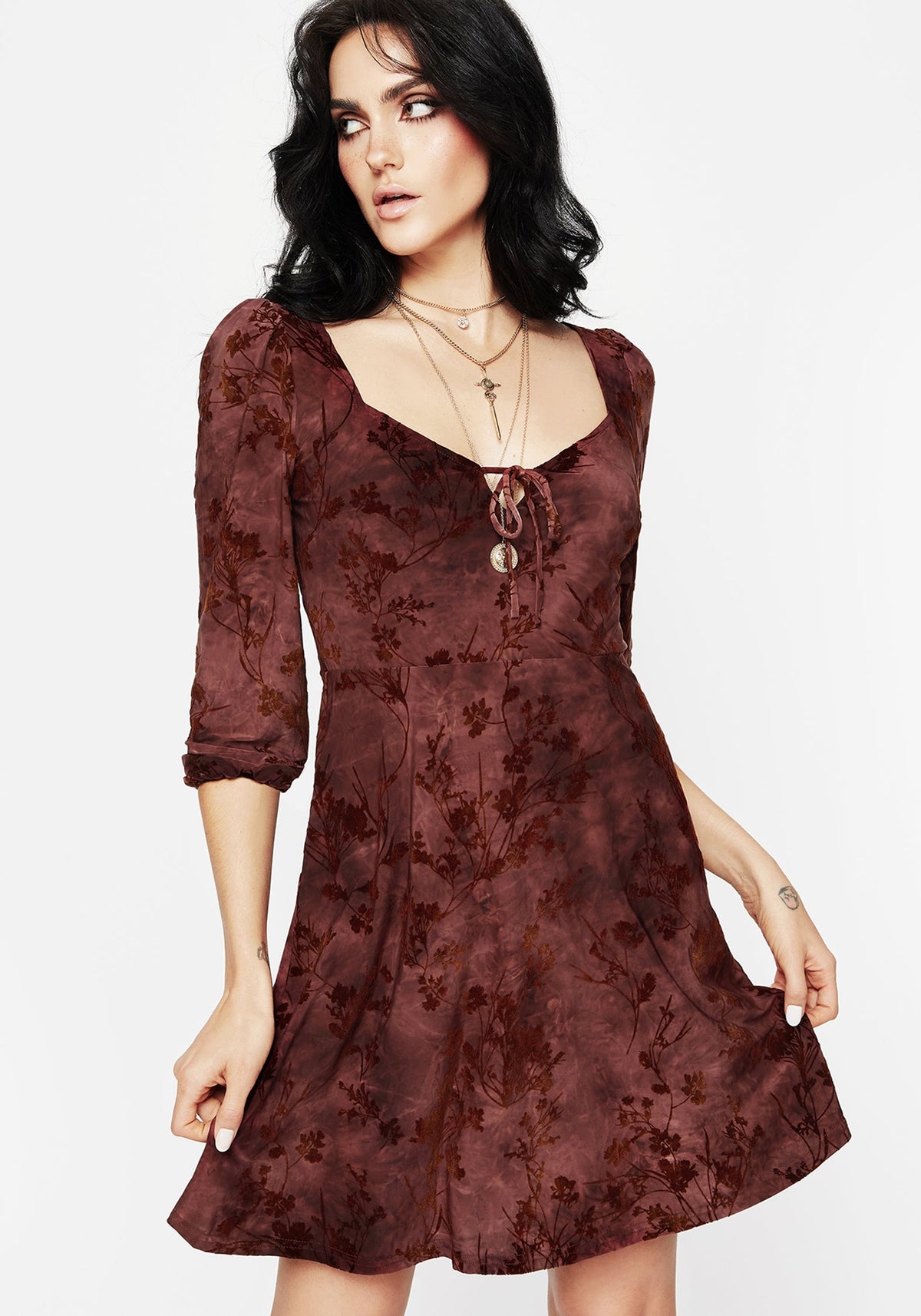 Wytchelm Blumenmuster Beflockt Velours Mini Kleid  Rot