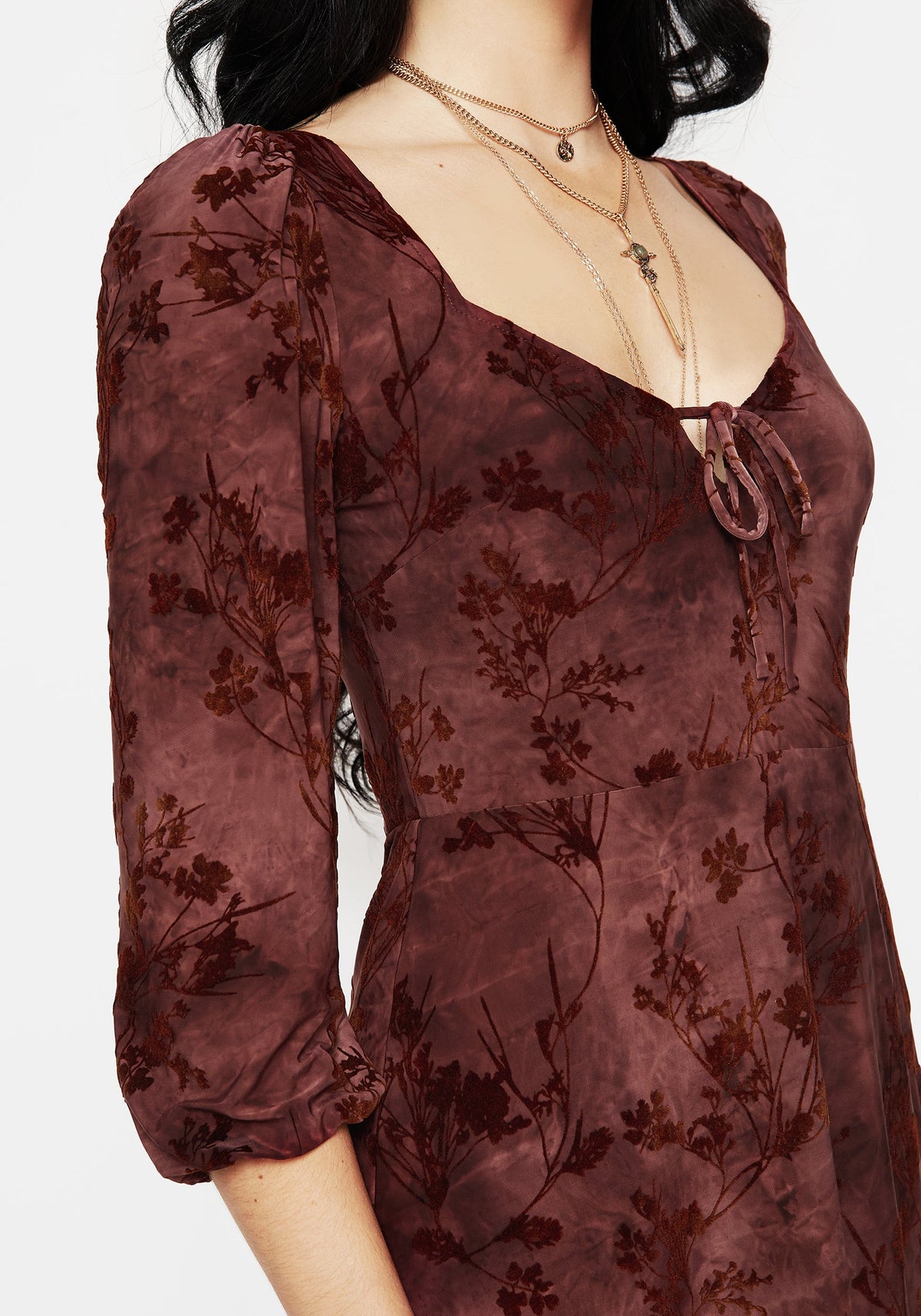 Wytchelm Blumenmuster Beflockt Velours Mini Kleid  Rot