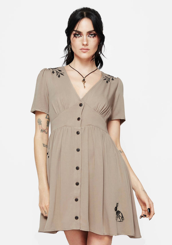 Hester Bestickt Knopf Hoch Mini Kleid
