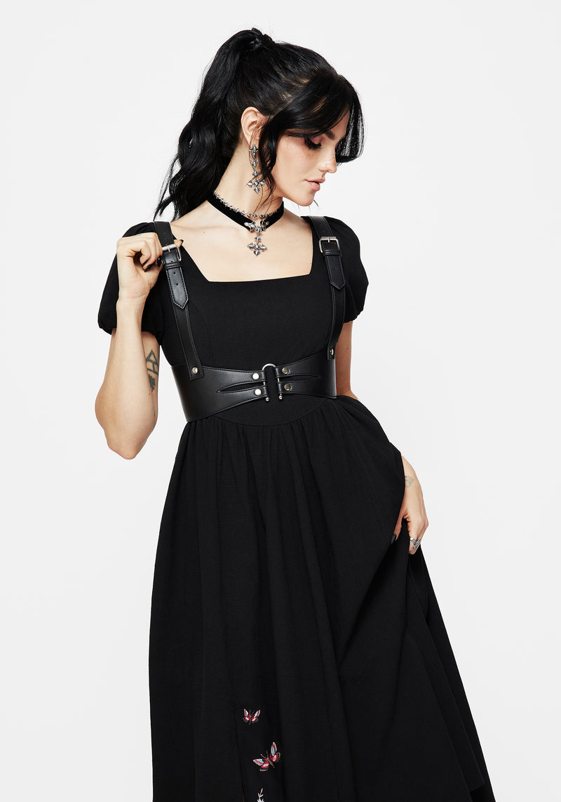 Copia Motte Bestickt Baumwolle Puffärmel Ärmel Geteilt Rock Midi Kleid