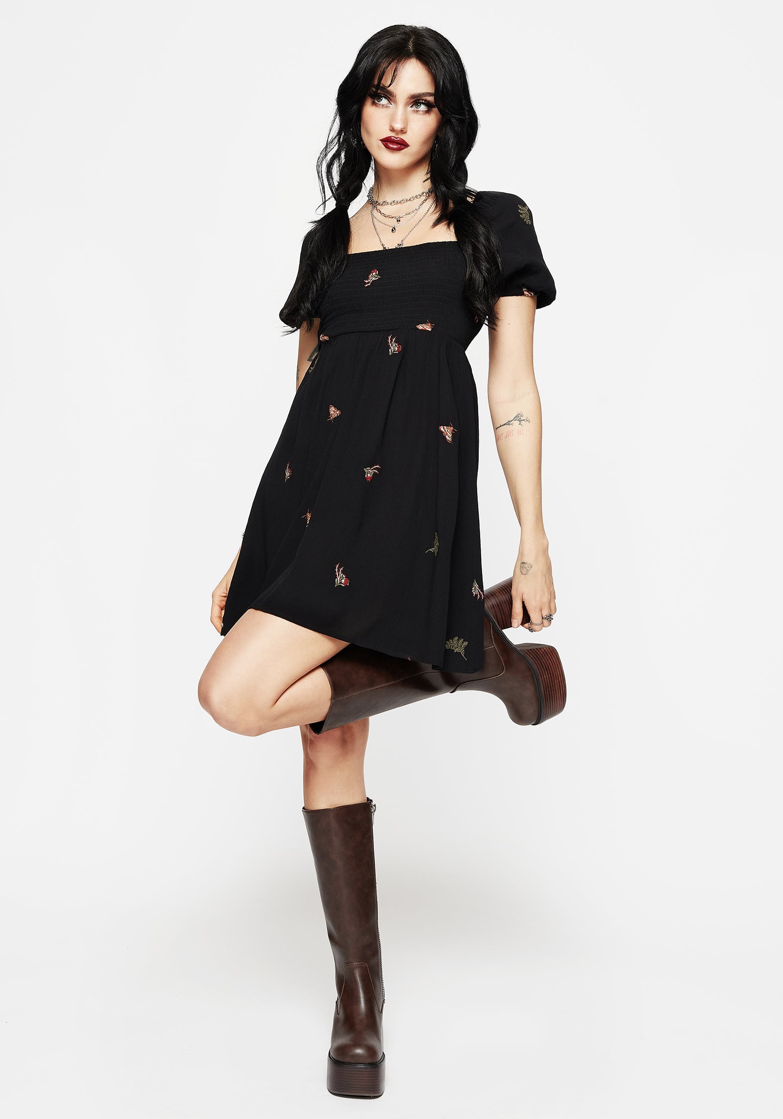 Copia Motte Bestickt Puffärmel Ärmel Mini Kleid