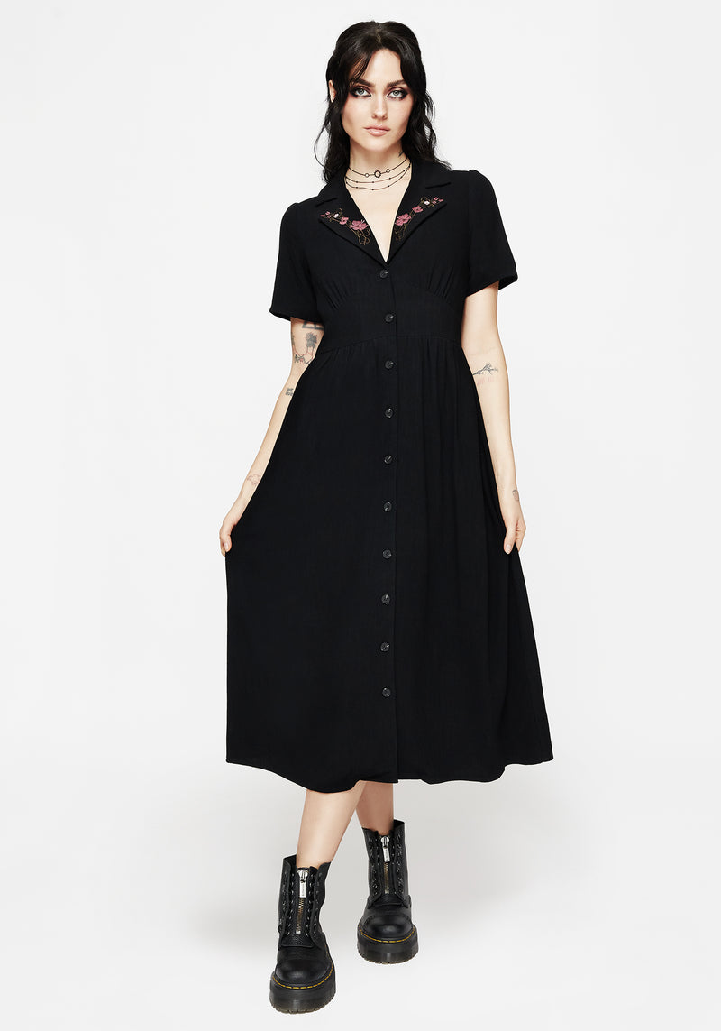 Aster Bestickt Kragen Midi Hemd Kleid