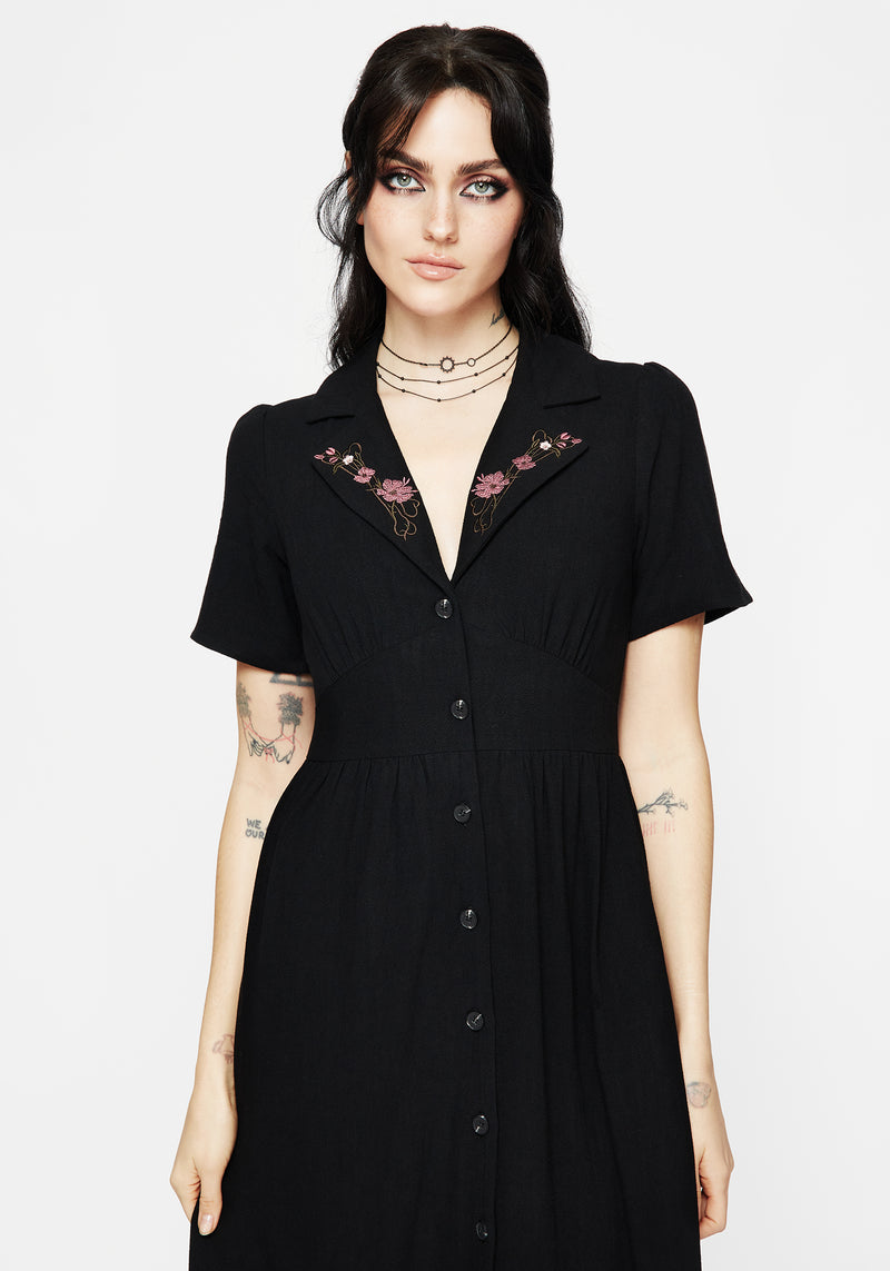 Aster Bestickt Kragen Midi Hemd Kleid