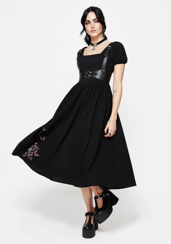 Copia Motte Bestickt Baumwolle Puffärmel Ärmel Geteilt Rock Midi Kleid