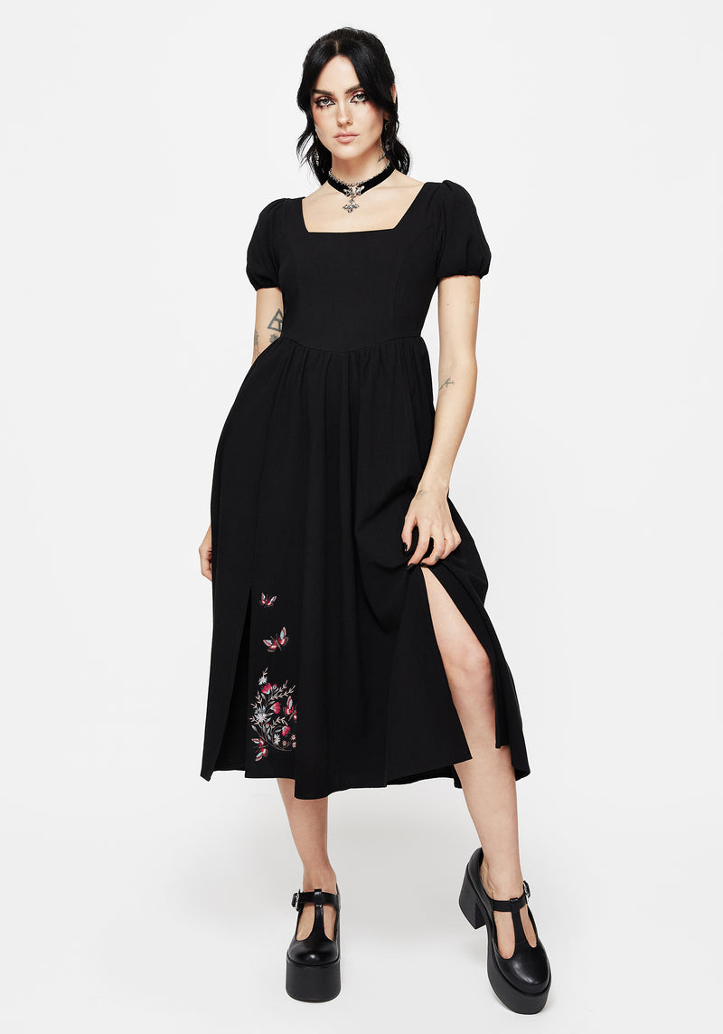 Copia Motte Bestickt Baumwolle Puffärmel Ärmel Geteilt Rock Midi Kleid