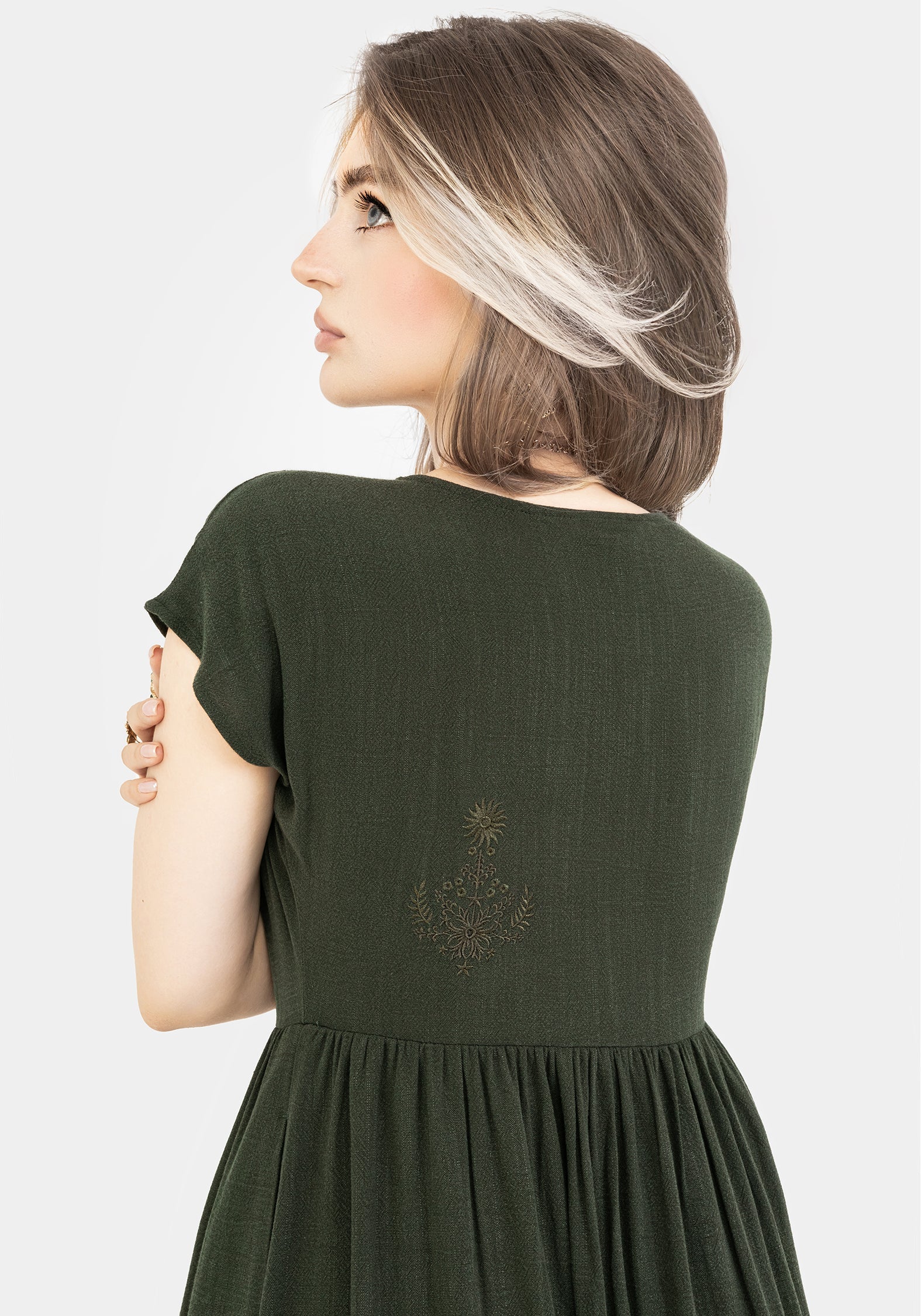 Foliate Leinenmischung Bestickt Knopf Hoch Midi Kleid - Grün
