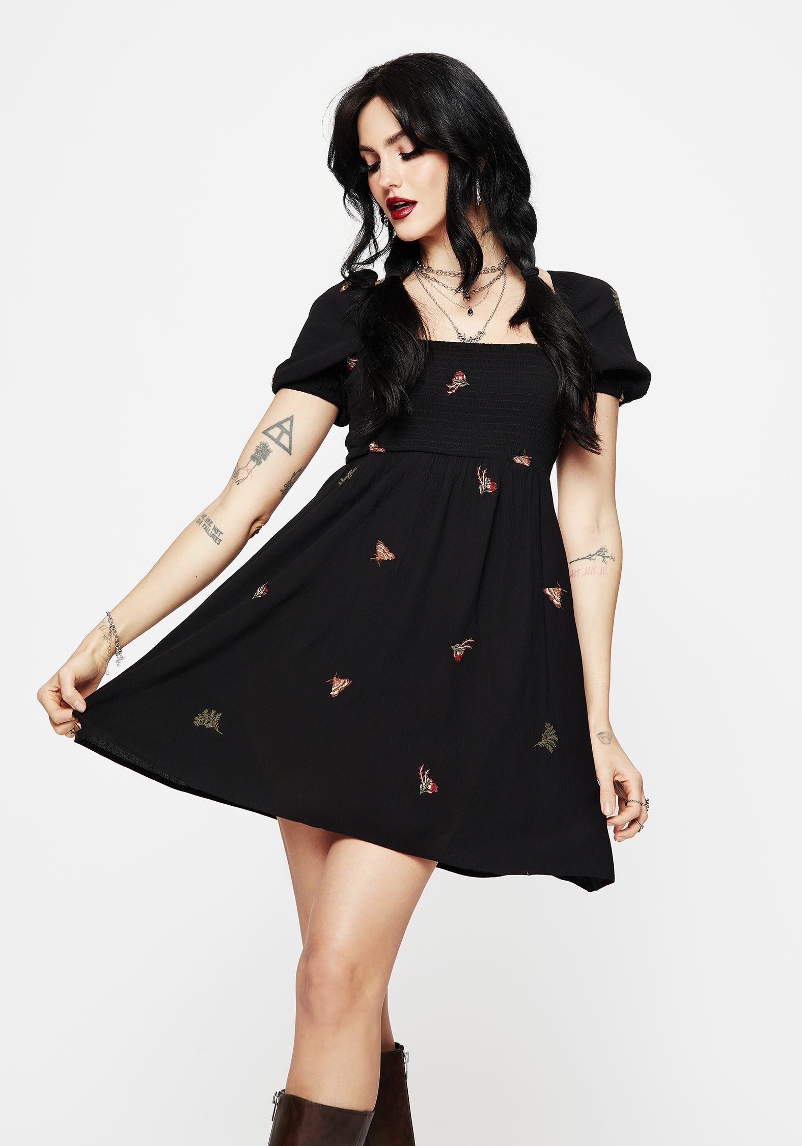 Copia Motte Bestickt Puffärmel Ärmel Mini Kleid