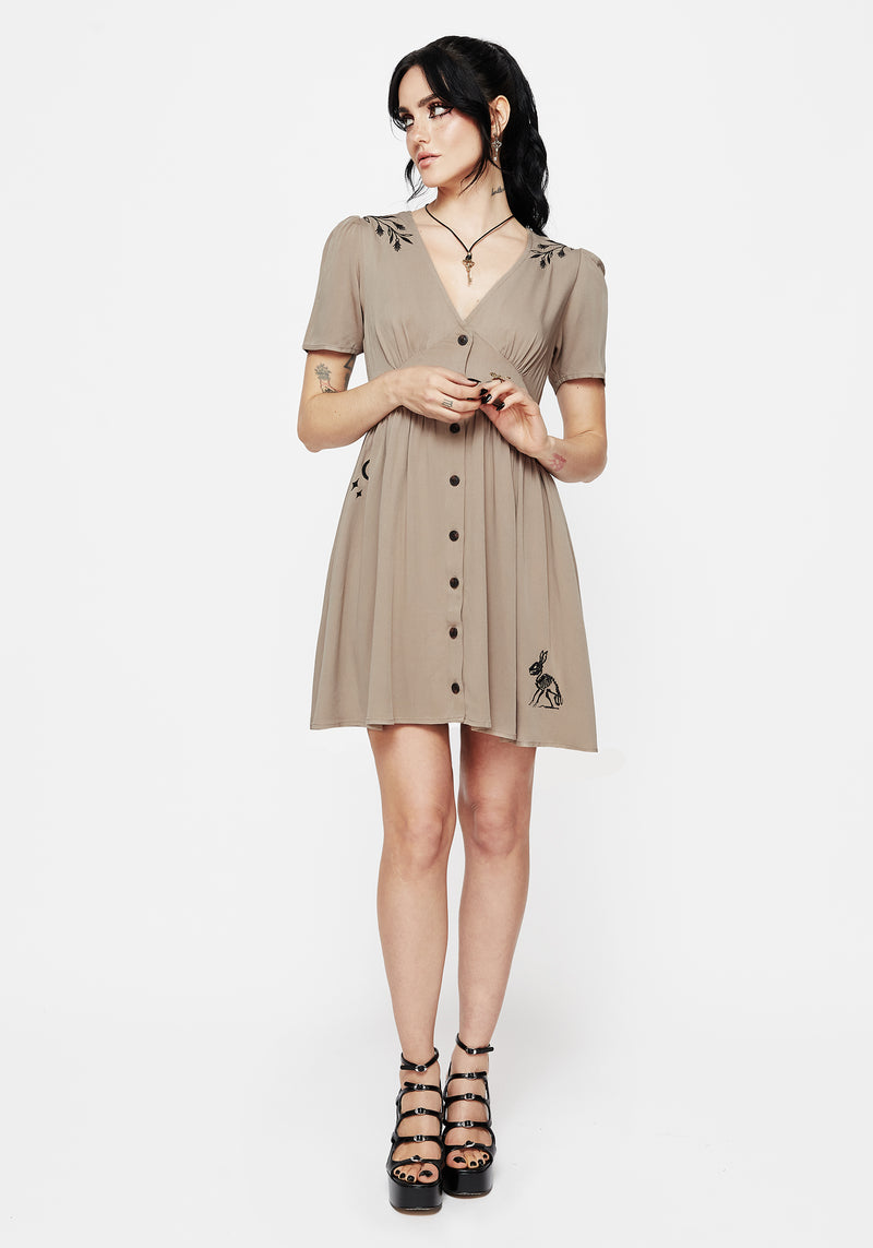 Hester Bestickt Knopf Hoch Mini Kleid