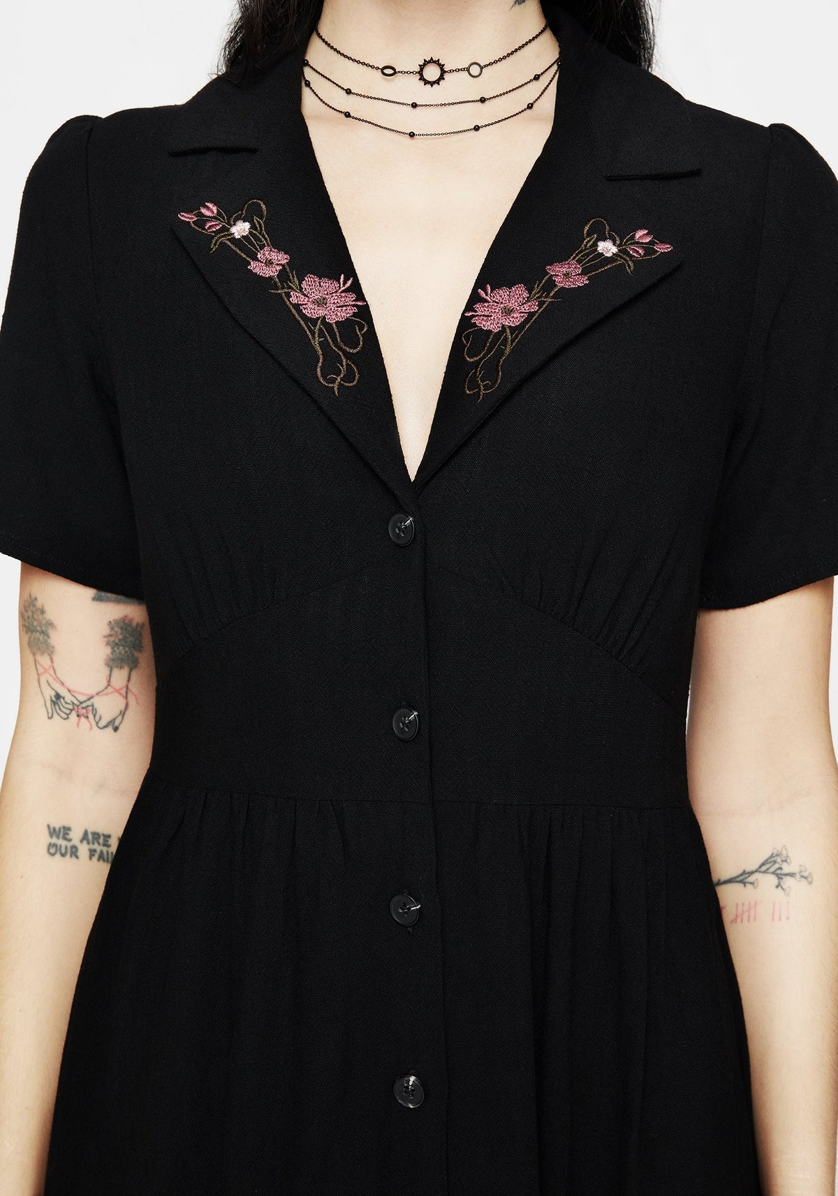 Aster Bestickt Kragen Midi Hemd Kleid