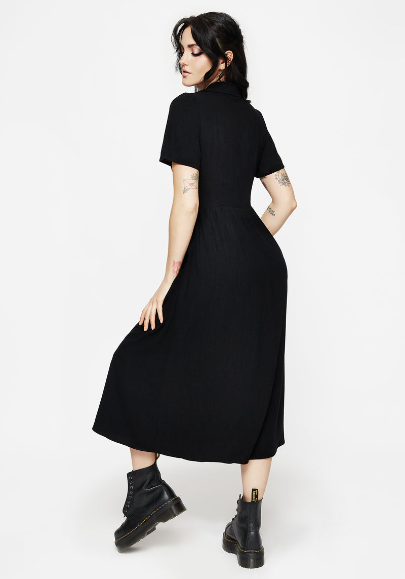 Aster Bestickt Kragen Midi Hemd Kleid