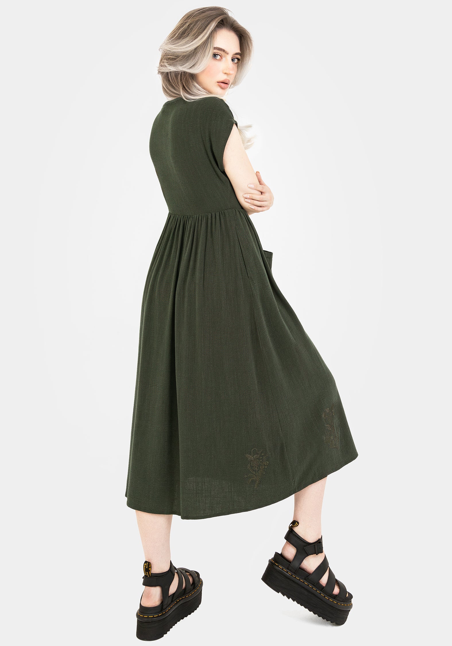 Foliate Leinenmischung Bestickt Knopf Hoch Midi Kleid - Grün