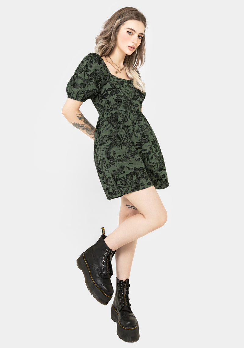 Bashe Cotton Puff Sleeve Playsuit - Green