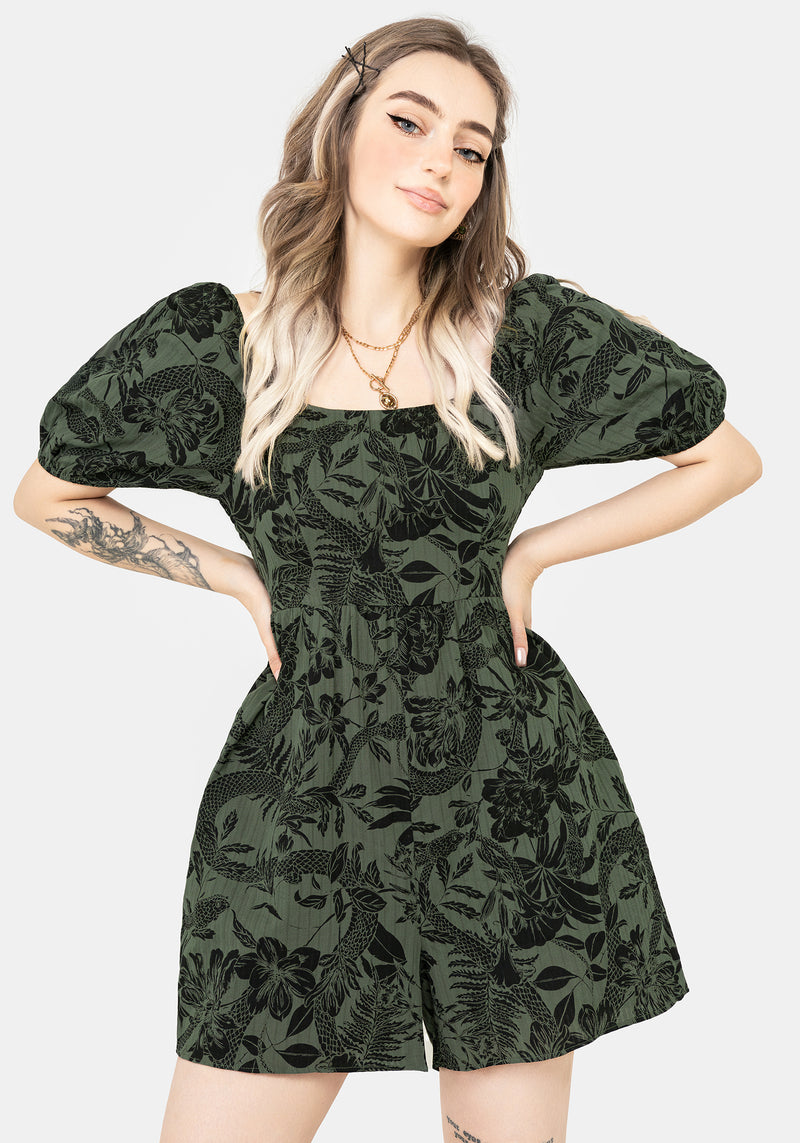 Bashe Cotton Puff Sleeve Playsuit - Green