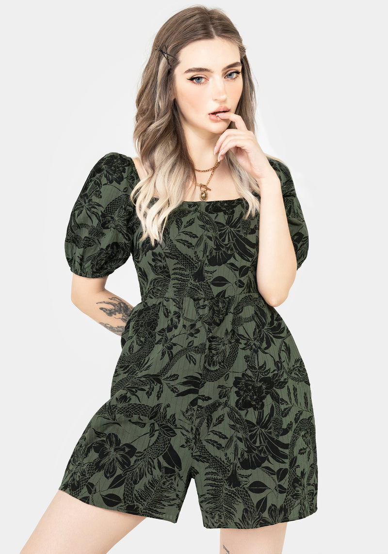 Bashe Cotton Puff Sleeve Playsuit - Green