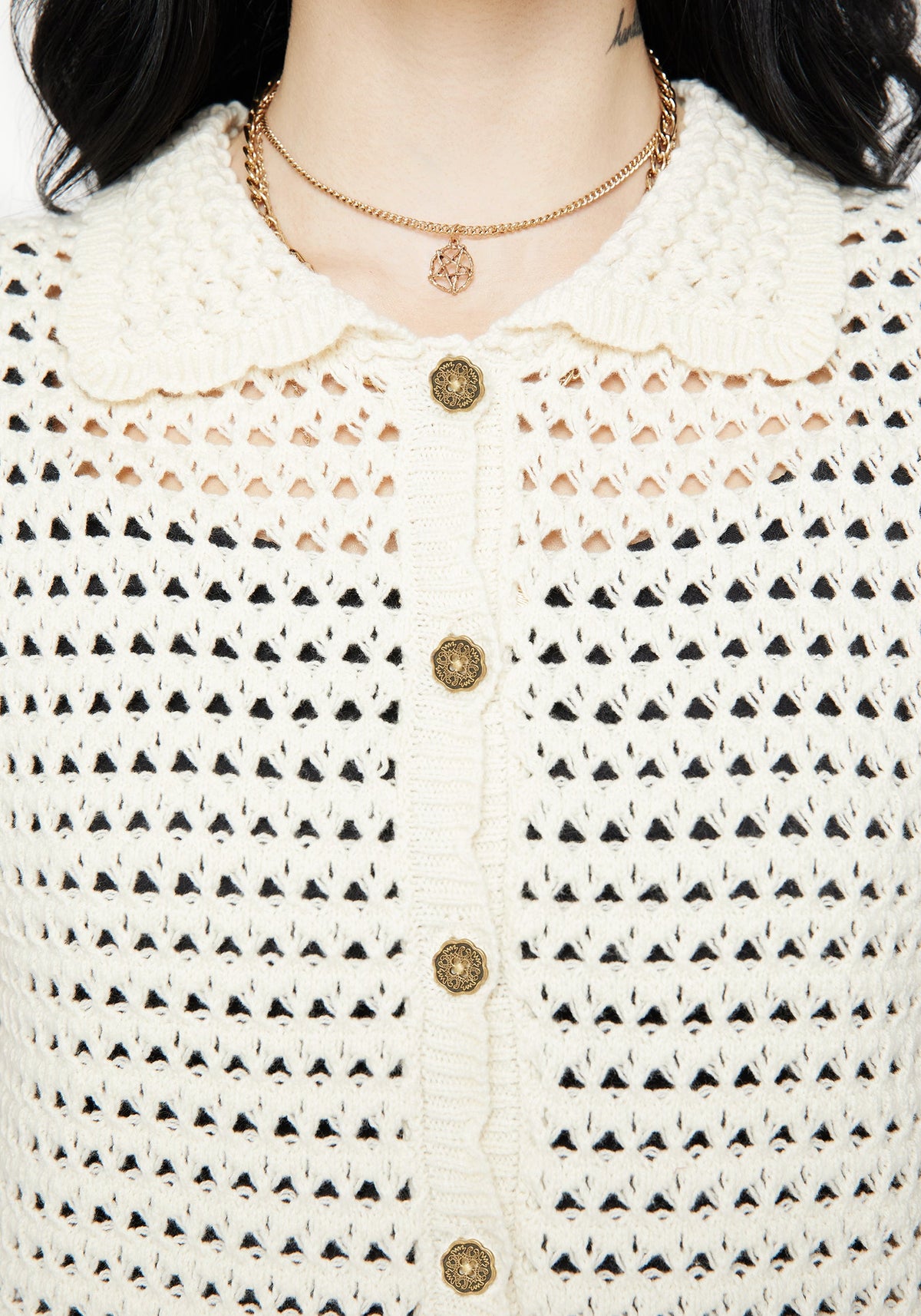 Drifter Pointelle Gestrickt Knopf Hoch Top