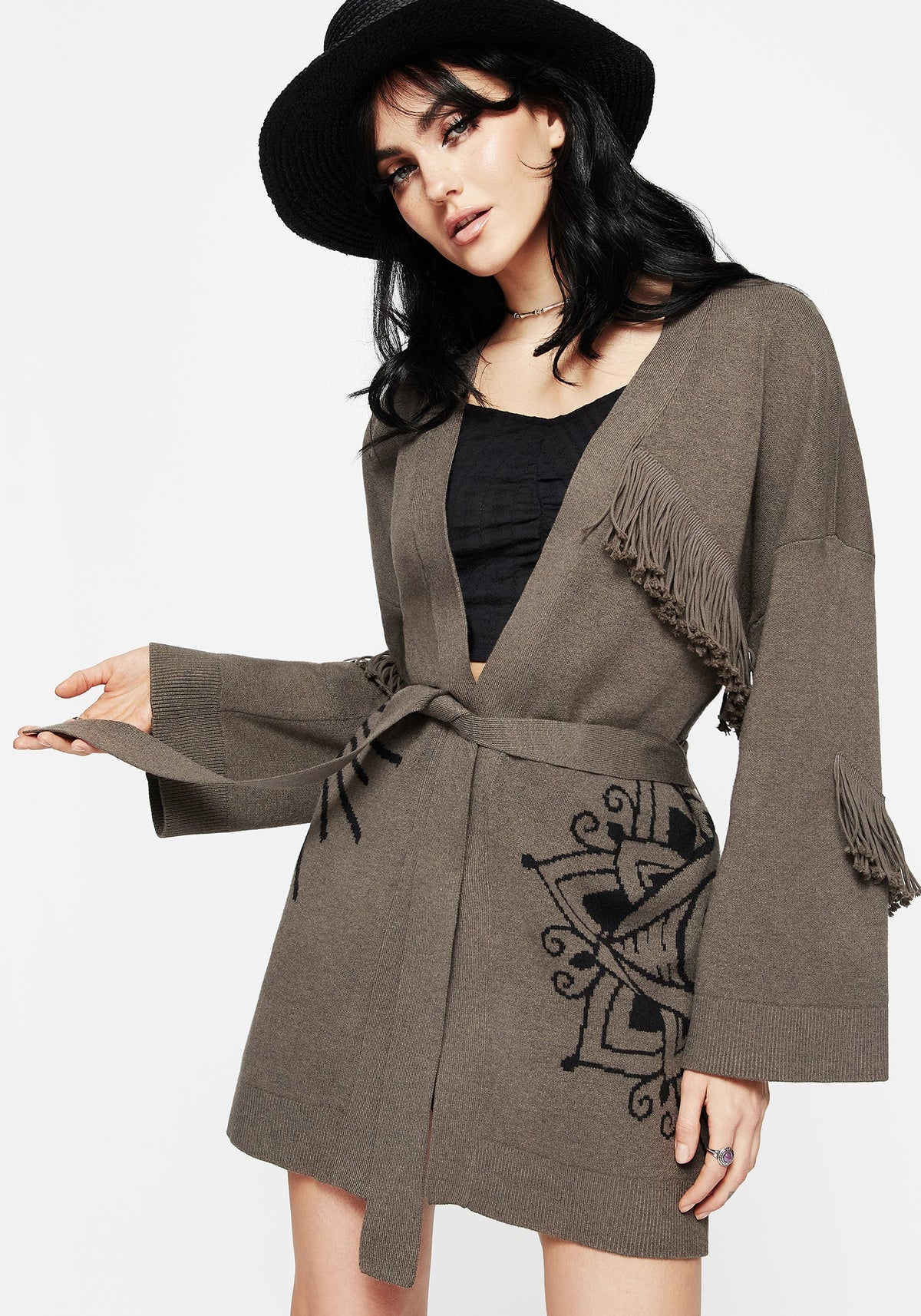 Iris Ausgestellt Ärmel Langschnitt Fringe Gestrickt Cardigan