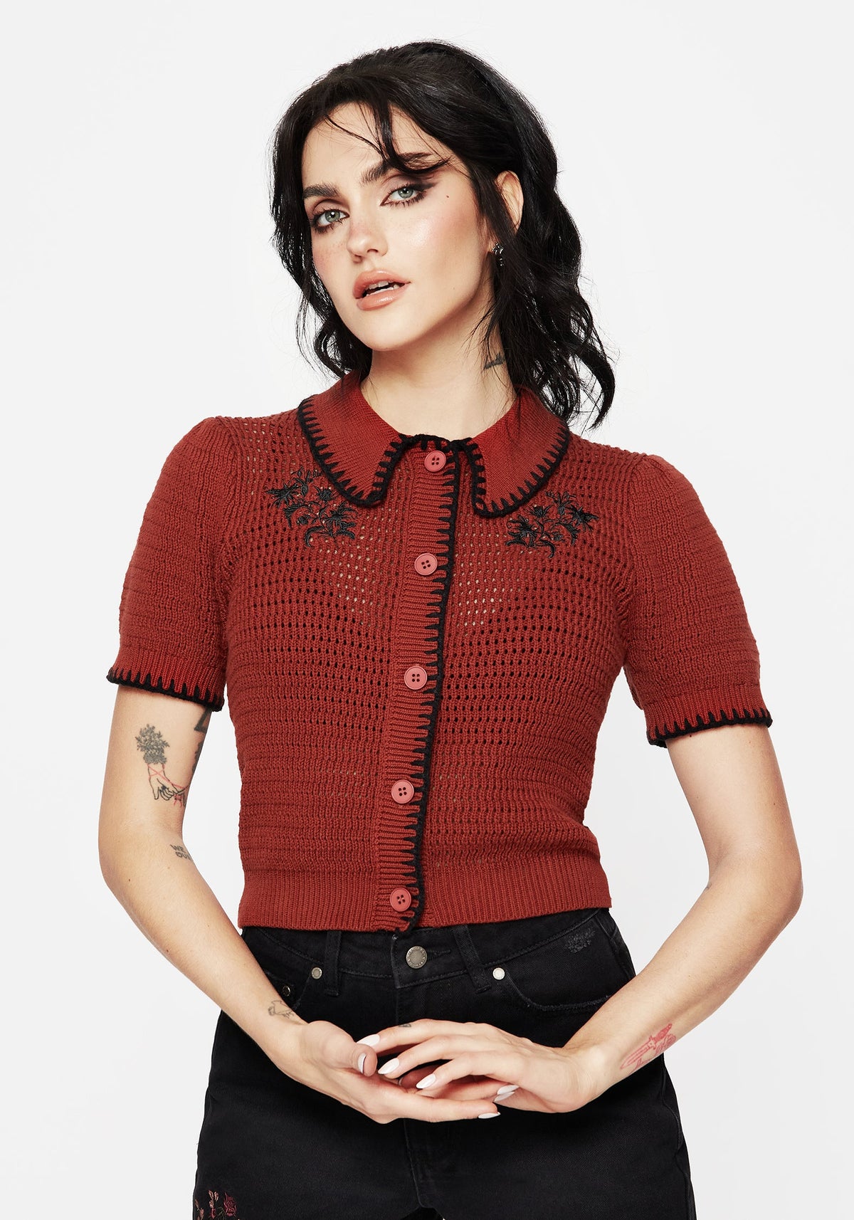 Saffron Blumenmuster Bestickt Scallop Kragen Pointelle Gestrickt Cardigan