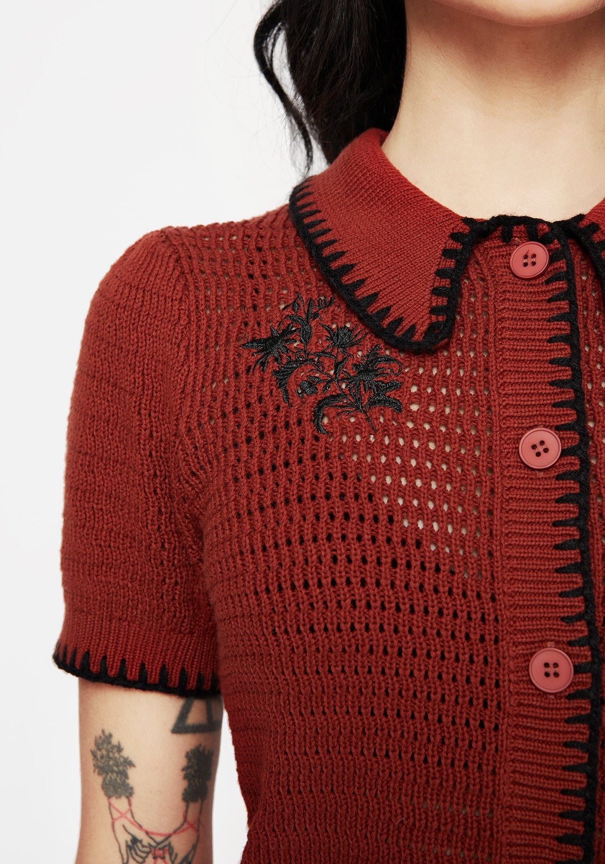 Saffron Blumenmuster Bestickt Scallop Kragen Pointelle Gestrickt Cardigan