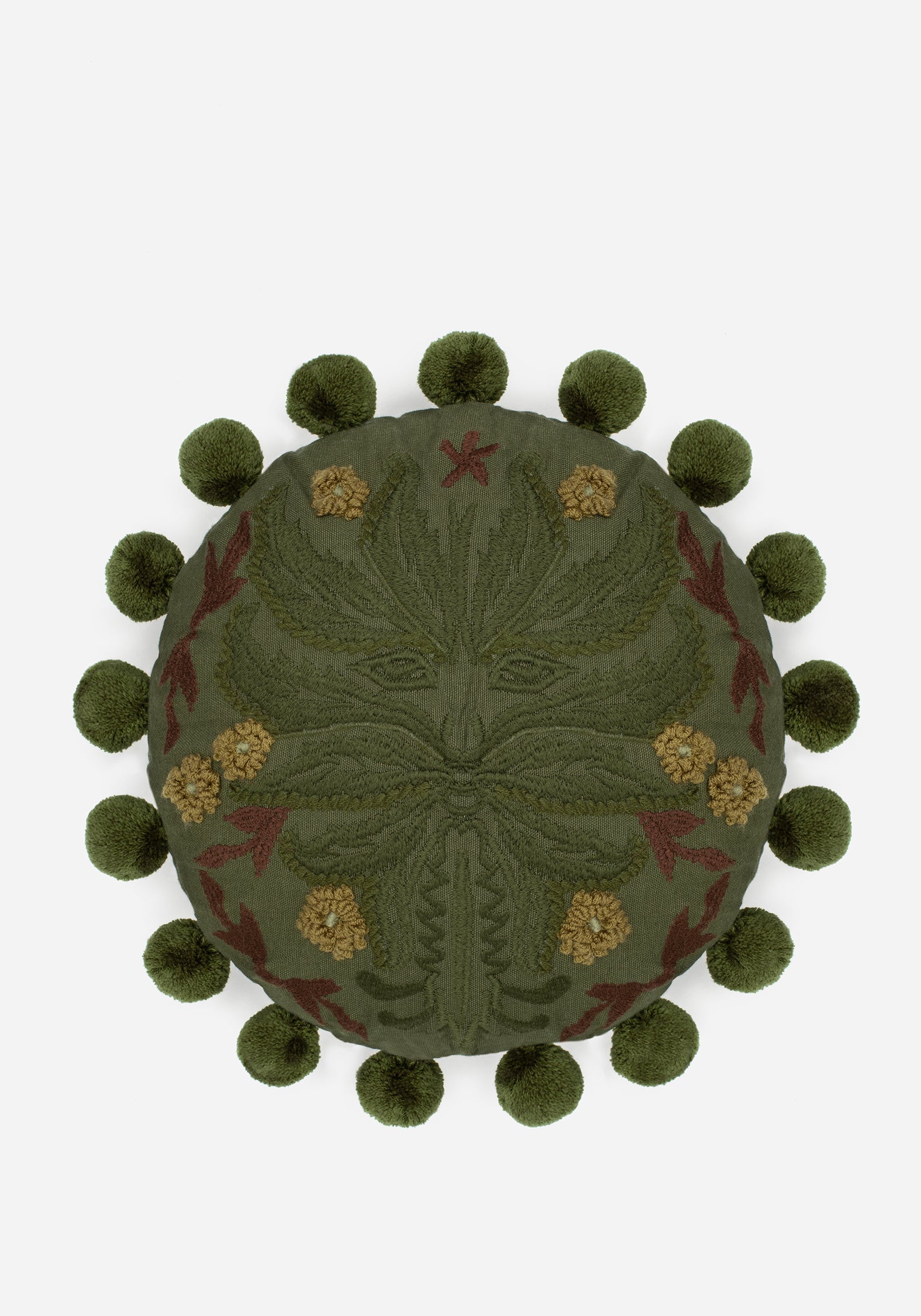 Foliate Bestickt Pom-Pom Round Kissen