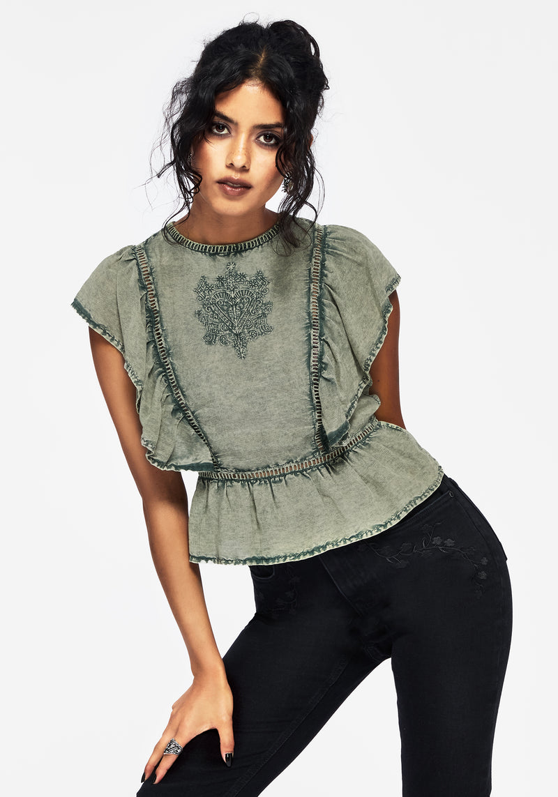 Eartha Bestickt Baumwolle Rüsche Detail Peplum Top