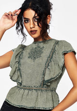 Eartha Bestickt Baumwolle Rüsche Detail Peplum Top