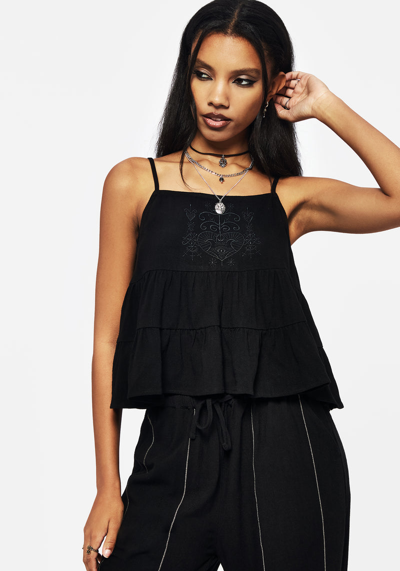 Cordata Leinenmischung Bestickt Gestuft Cami Top  Schwarz