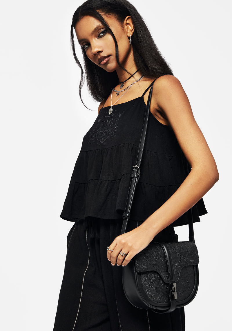 Cordata Leinenmischung Bestickt Gestuft Cami Top  Schwarz