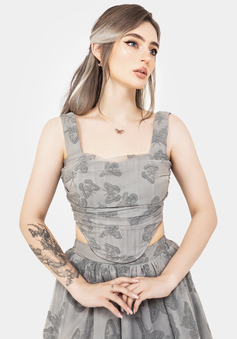 Vanessa Schmetterling Druck Organza Gerafft Mieder Korsett Top