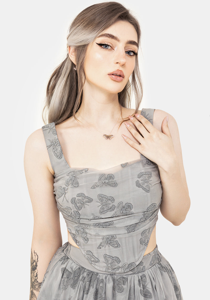Vanessa Schmetterling Druck Organza Gerafft Mieder Korsett Top