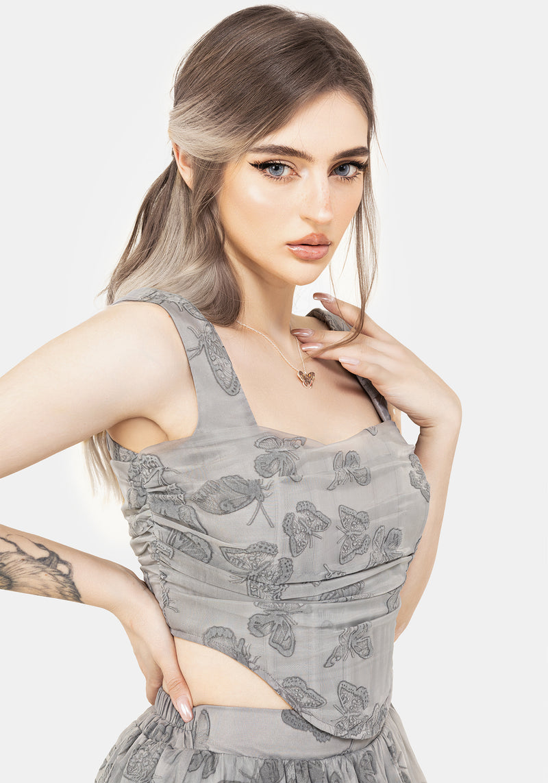Vanessa Schmetterling Druck Organza Gerafft Mieder Korsett Top