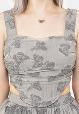 Vanessa Schmetterling Druck Organza Gerafft Mieder Korsett Top