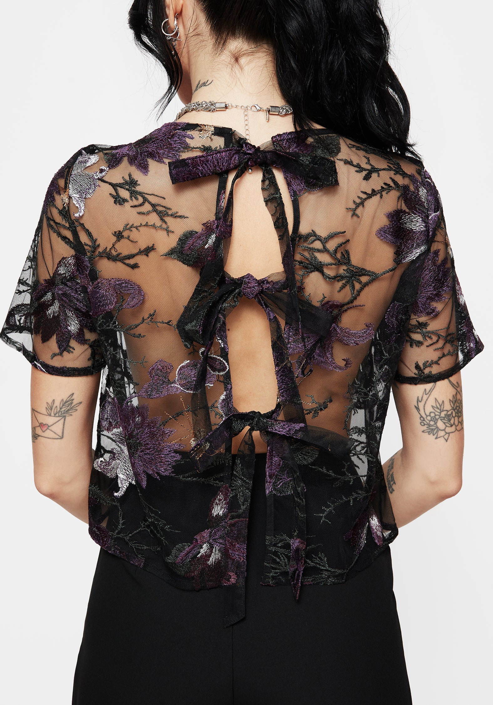 Estrid Embroidered Mesh Tie Back Blouse Top