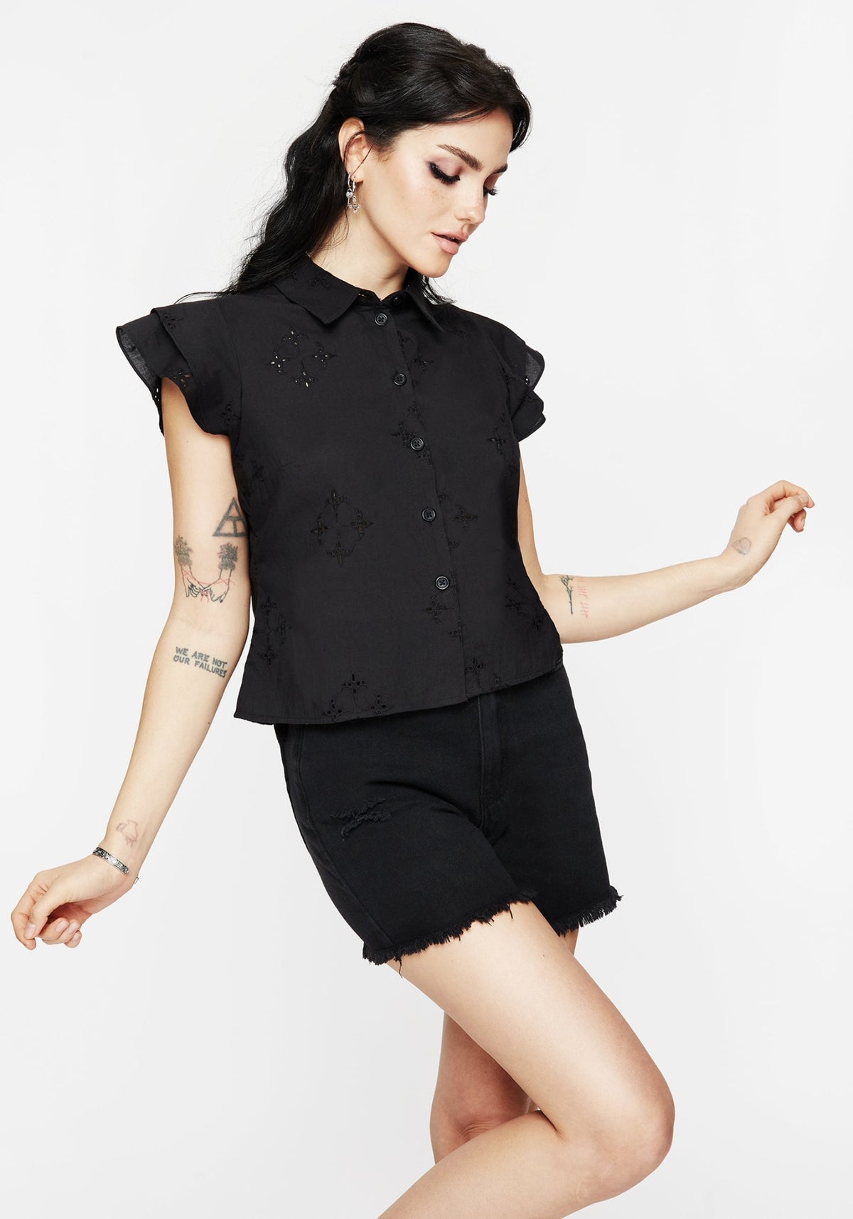 Crux Broderie Cotton Frill Sleeve Button Up Shirt