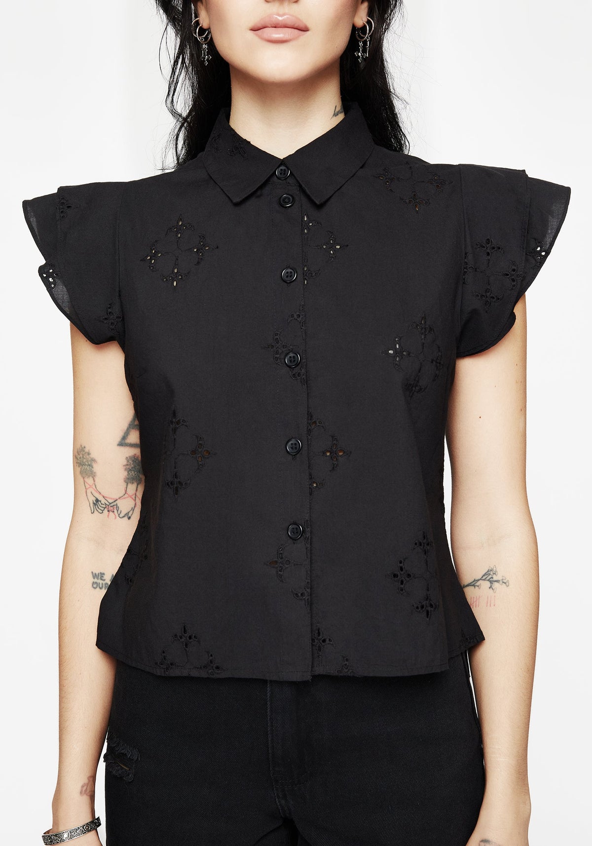 Crux Broderie Cotton Frill Sleeve Button Up Shirt